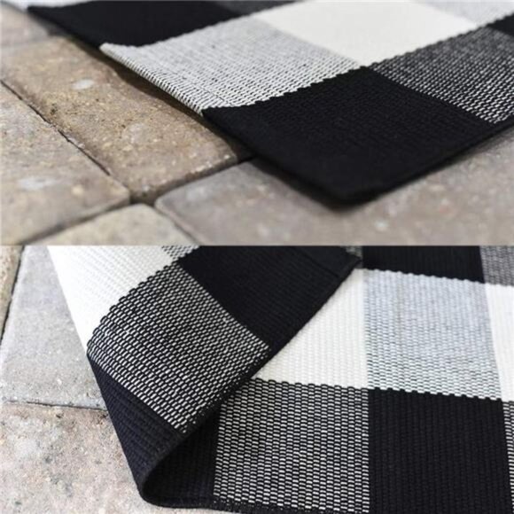 Cotton Buffalo Plaid Rug 27.5 x 43 Inches Black and White Check Rugs Hand-Woven - Picture 6 of 7